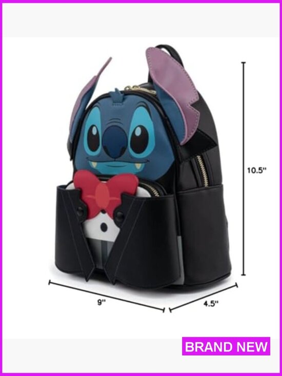 Loungefly Disney Vampire Stitch Bow Tie Mini - Comic Spot Faux Leather Shoulder Bag Double Strap Vampire Stitch Disney Applique Purse